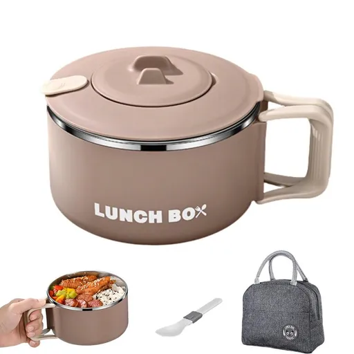 1200ML Large Ramen Bow with Lid Spoon Storage Bag Stainless Steel Food Container for Microwave - Brown