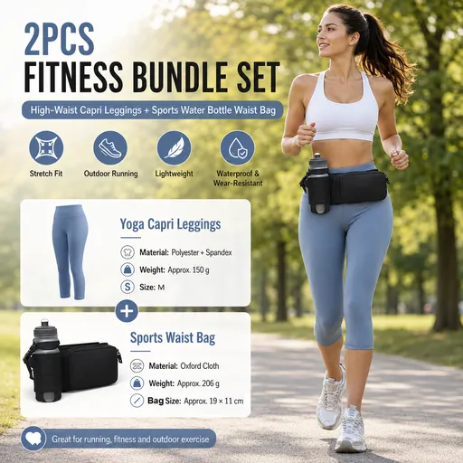 Winter Fitness Bundle - Blue M size Women's High Waist 3/4 Yoga Leggings with Peach Hip Lift and Black Waterproof Sports Waist Bag with Bottle Holder for Running Gym and Outdoor Activities