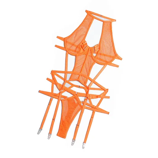 House Of Dasein Mesh Sexy Strappy Bandage Bodysuit Women Lingerie Colour Black Royal Blue White - Orange - M