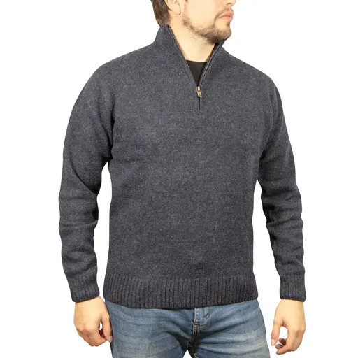100% SHETLAND RAGG WOOL Half Zip Up Knit JUMPER Pullover Mens Sweater Knitted - Denim Blue
