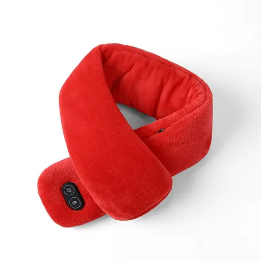 Red Plush USB Heated Massage Neck Scarf with 3 Temp & 3 Vibration Massage Modes - Washable Winter Neck Warmer, Built-in Power Bank Zippered Storage Bag for Men and Women
