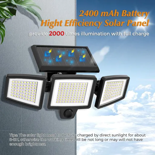 Solar Outdoor Security Lights Motion Sensor 210 LED - 3 Adjustable Heads Flood Light with Remote Control IP65 Waterproof for Garden Garage & Yard