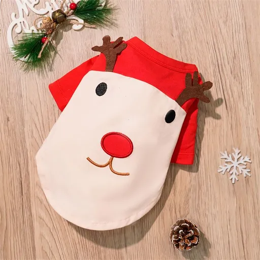 Pet Christmas Dog Clothes Polyester Christmas Red White Deer Face T-Shirt L (Chest 45cm, Recommended Weight 3.5-4.5kg)