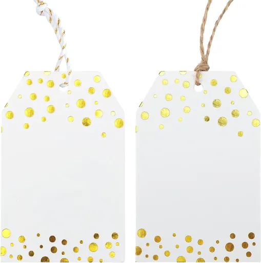 Gift Tags with String - 100Pcs Gold Foil Metallic Confetti Polka Dot Gift Bag Tags Personalized White Blank Hang Paper Label Tag for Birthday Party Bridal Shower Wedding Christmas Favor Present