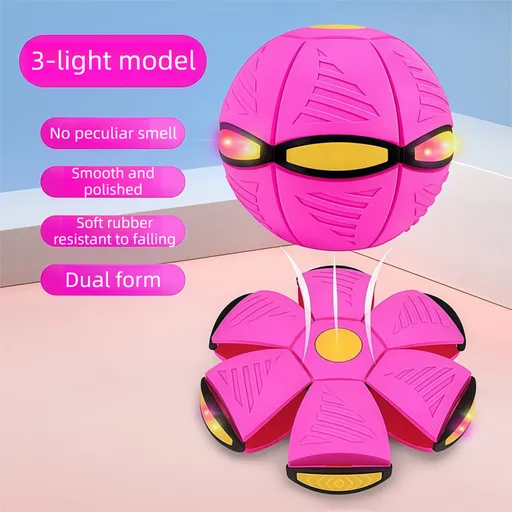 Pink LED Transforming Flying Disc Ball Toy with Music & 3 Light - Soft EVA Bounce Ball and Frisbee Shape Switchable Outdoor Interactive Soccer Toy for Exercise and Fun