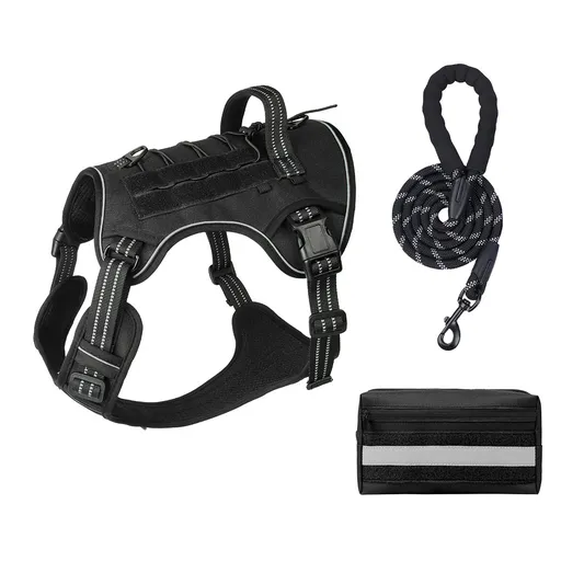 3-Piece Black Tactical Dog Harness Set (XL Size) - Heavy Duty No-Pull Vest with Detachable Tactical Pouch & Climbing Rope Leash