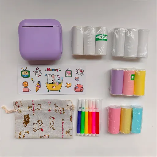 Purple X6 Mini Portable Bluetooth Instant Photo & Note Printer for Students - Deluxe 20-Piece Gift Set with 12 Paper Rolls, Color Pens & Storage Bag
