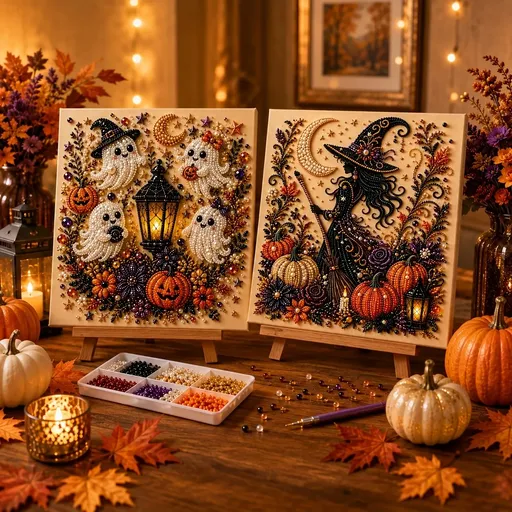 2PCS Halloween Ghost Pumpkin & Witch Pearl Art DIY Kit, Acrylic Canvas No Painting Needed, Contrast Inlay 4-Step Finish, 20×20cm Sparkling Decor, Stress Relief & Gift! (Ghost Pumpkin + Witch)