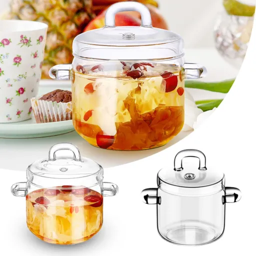 Glass dessert bowl with lid, double-handled soup bowl, suitable for fruits, salads, noodles and porridge, heat resistant, 15 x 15 x 10 cm