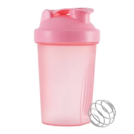 Protein Shaker 400 ml, Pink, Leak-proof Water Bottle with Stainless Steel Strainer and Measuring Scale