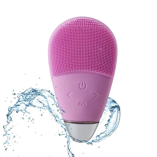 Facial Cleansing Massager Brush, Rechargeable Electric Handheld Face Massager, Waterproof Ultra Hygienic Soft Silicone (Pink)