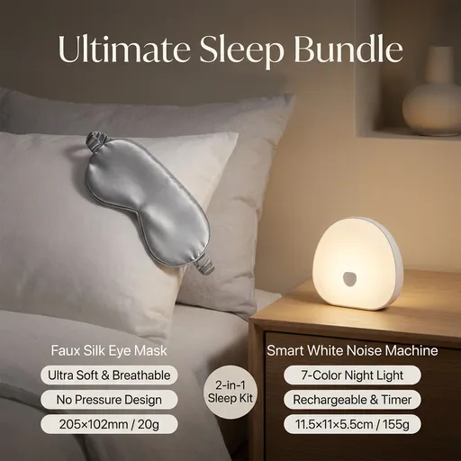 Nighttime Anxiety Relief & Relaxation Set - Grey Imitation Silk Sleep Eye Mask and Smart White Noise Night Light for Soothing Sleep, Nursing, and Stress Reduction
