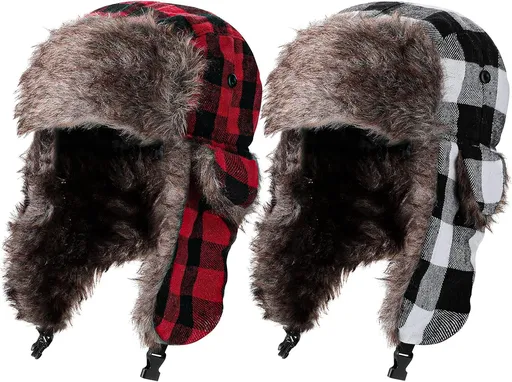 2 Pcs Buffalo Plaid Trapper Hats for Men Lumberjack Hat Ear Flap, Winter Xmas Warm Ushanka Cap Unisexs (Conventional Color)