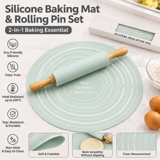 2PCS Mint Green Nonstick Silicone Dough Mat and Rolling Pin - Non Slip Baking Accessories with Measurement Marks, Heat Resistant & Easy to Clean for Bread Cake Dough Pre