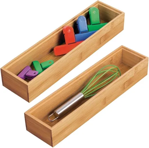 Slim Wooden Bamboo Drawer Organizer - 12" Long Stackable Storage Box Tray for Kitchen Drawers/Cabinet - Utensil, Silverware, Spatula, Flatware Holder - Echo Collection, 2 Pack, Natural Wood