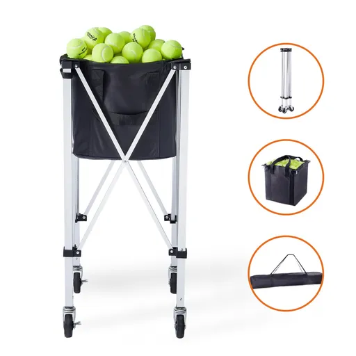 Foldable Tennis Ball Hopper, Holds 180 Tennis Balls, Lightweight Aluminum Alloy Tennis Ball Basket Cart with Wheels, Removable Bag, Carry Bag, Portable Sports Teaching Cart for Tennis Player