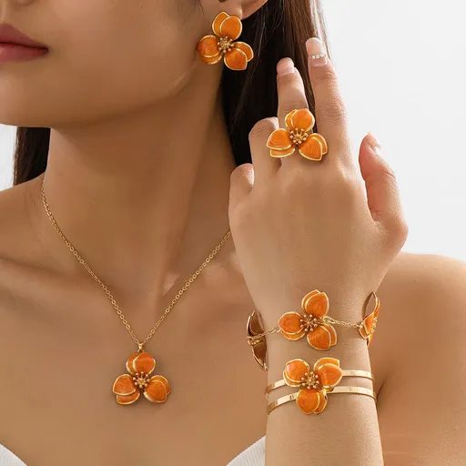 Orange Floral Enamel Jewelry Set – Five-Piece Alloy Accessory Collection with Minimalist Botanical Design