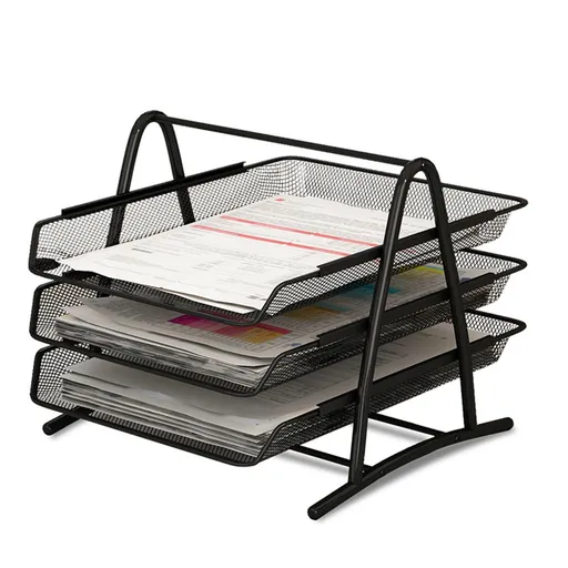 Office Desk Document Tray Mesh Bracket Paper Letter Shelf Holder Black Metal for Home Study School 3 Layers