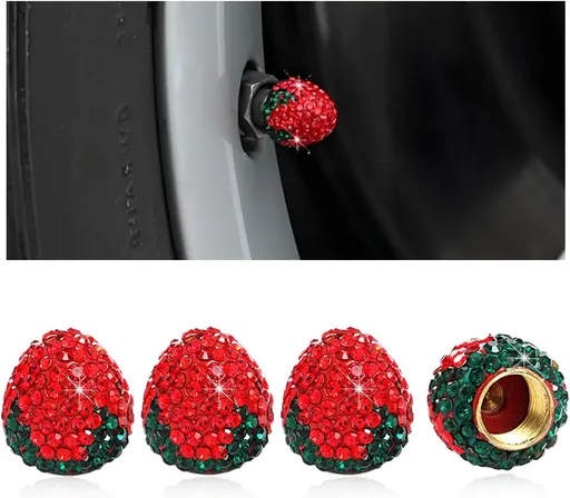 4PCS Strawberry Car Tire Valve Stem Caps, Cute Sparkling Rhinestone Dustproof Wheel Valve Stem Cover, Bling Strawberry Tire Valve Air Cap Cover for Car Truck SUV Motorcycle (Red)