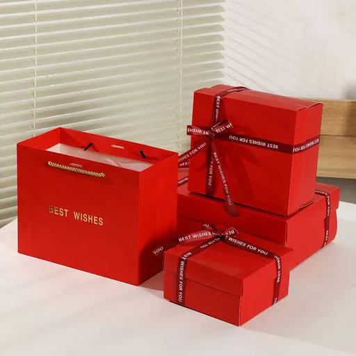 3 piece medium size Red Gift Box Set with Gift Bag & Raffia Fill - Premium Empty Present Packaging Box for Birthdays Weddings Baby Showers and Special Occasions