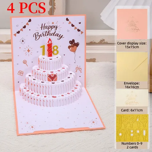 4-Pack - DIY Heart-Shaped Cake 3D Pop-Up Birthday Cards, Two-Color Paper Cut Foldable Greeting Cards - Pink