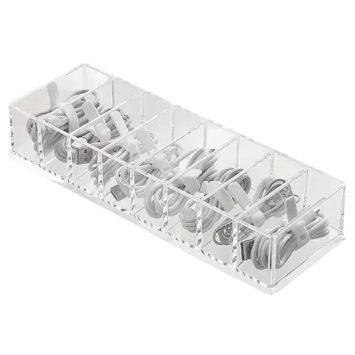 2PC Clear Cable Organizer Box with 10 Wire Ties & 8 Adjustable Compartments - Desk Drawer Storage Case for Office, Electronics, Art Supplies, Home Accessories Management