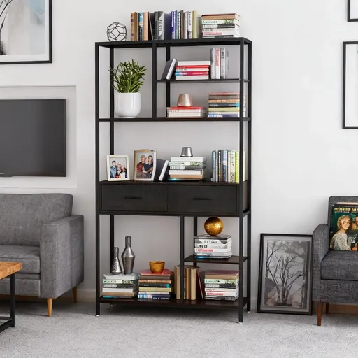 Metal Bookcase With Drawers, Dark Walnut & Black, 90x30x180cm, 6 Shelves