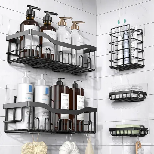 5 Pack Self-Adhesive Shower Shelves, Rust-Resistant Stainless Steel Bathroom Storage Organisers, No Drill, Black