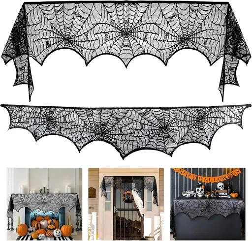 Halloween Spiderweb Lace Fireplace Mantel Scarf, Spooky Door Table Decoration for Carnival Party, 45 x 248 cm