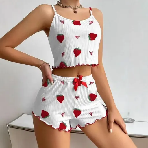 Women Sleepwear Set Summer Spandex Print White strawberry