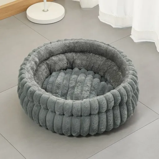 Plush Round Bed - Grey, Size L: 60×60×15cm