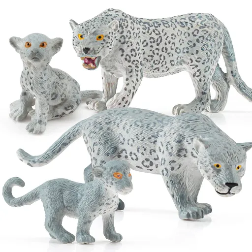 Wild Life Jungle Animal Model Figures Set 4 PCS Snow Leopard Family Forest Playset Birthday Party Favors Classrooms Gift Toys