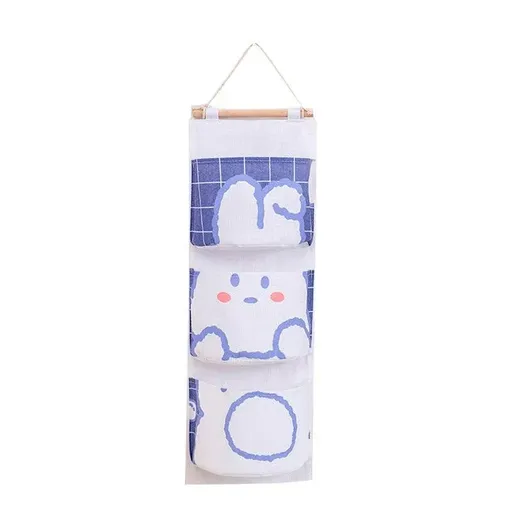 3 Pocket Hanging Storage Bag with Wooden Rod for Wall or Door Organisation - Rabbit