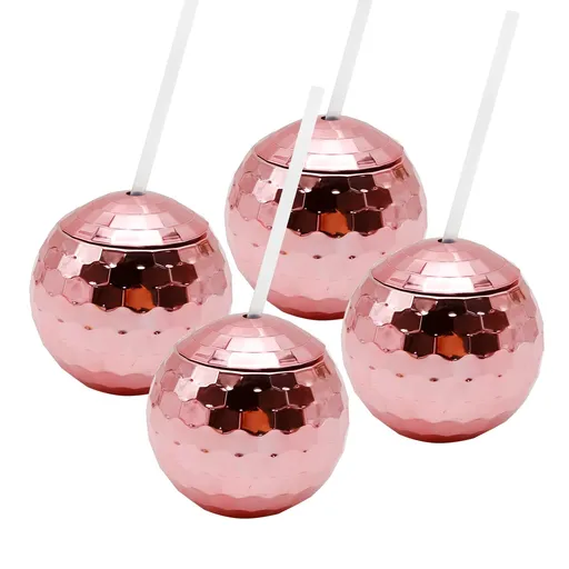 Cups Disco Ball Drink Tumbler 1970s Ball Cups with Lid and Straw, Disco Flash Ball Cocktail Cups for Graduation Pink, Set of 4