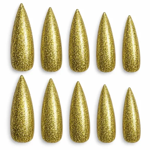 10x Long Halloween Glitter Painted Stick-On Nails Party Costume Vampire Witch - Gold