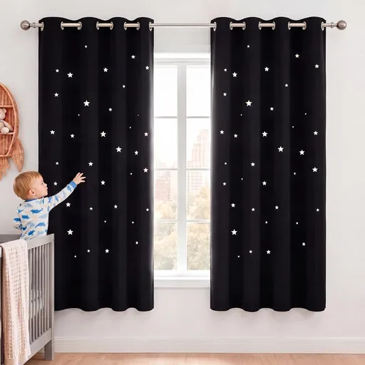 Hollow Star Blackout Kids Curtain, Single Laser-Cut Nursery Window Panel for Bedroom and Playroom, Black, 132 x 160 cm