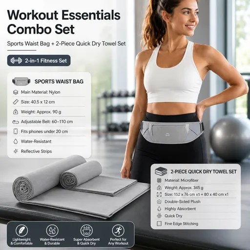 Dry and Breathable Sports combination-Grey Running Waist Belt and Grey 152*76cm and 80*40cm Microfiber Sports Towel Set - Waterproof Nylon Belt with Reflective Strips, Quick Dry Gym Towels for Fitness Running Swimming