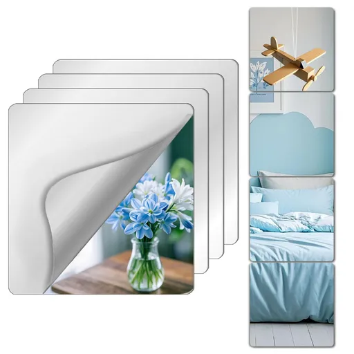 Shatterproof Acrylic Mirror Tiles – 4-Pack Wall Stickers for Kids, Home Gym, Bedroom & Bathroom, Easy Peel-and-Stick Decorative Mirrors with Double-Sided Tape (Silver,12" x 12")
