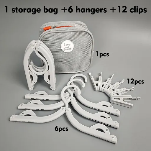 Portable Folding Travel Hangers Set - 19 Piece Laundry Kit with 6 Adjustable Hangers 12 Clips and Storage Bag - Space Saving Design for Caravanning Camping and Student Dorms - Gray