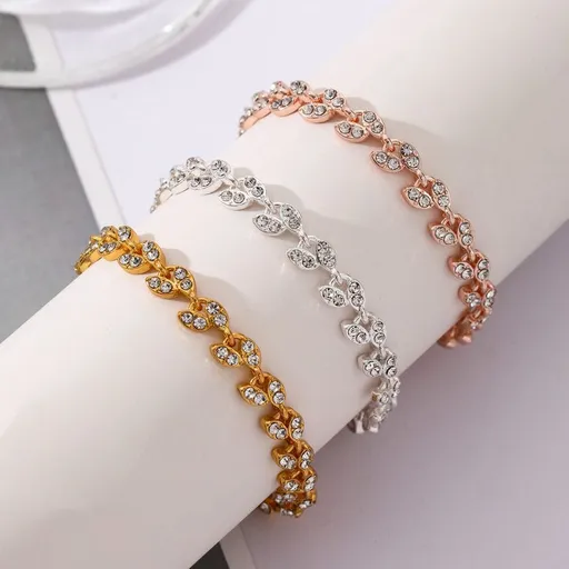 3 Pack Silver Gold and Rose Gold Women's Crystal Leaf Bracelets with Gift Box – Elegant Rhinestone Alloy Link Bracelet, Minimalist Fashion Jewelry Gift for Women