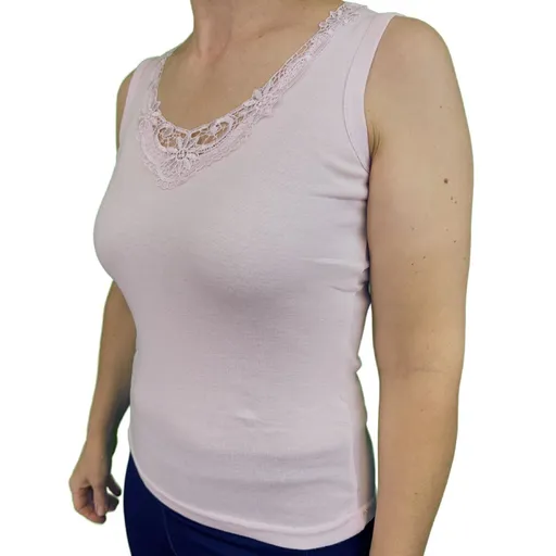 Ladies Sleeveless Singlet Top Womens Summer Basic Tank Shirt Lace Motif Front - Pink