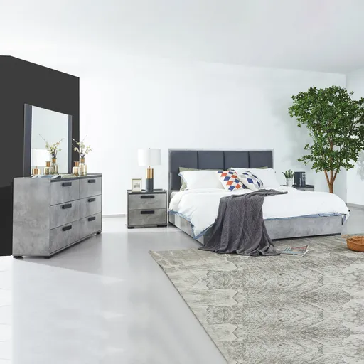 Queen Bedroom Suite 4 Piece Modern Design Fabric Upholstery MDF Black and Cement Colour