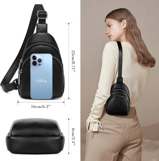 Crossbody Sling Bag for Women - PU Leather Fashionable Chest Belt Bum Bag Anti Theft Backpack Daypack - Small Sling Purse- Black