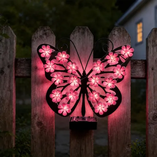 1Pack Solar Butterfly Lights Outdoor Metal Wall Decor with 20 Led Decorative 10"Outdoor Butterfly Wall Art Solar Fence Decorations for Garden Patio Porch Decor,Birthday Gifts for Women Mom Grandma - Pink