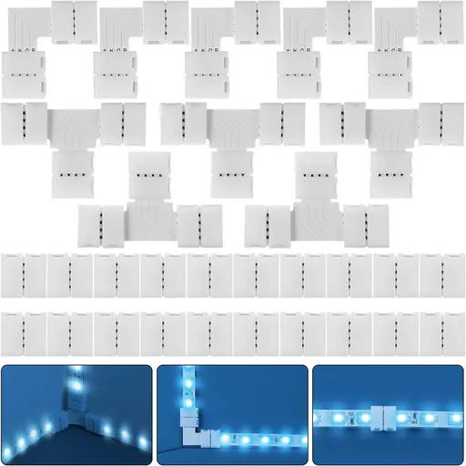 RGB LED Strip Connector Kit, 30pcs, 4-Pin 10mm Solderless Connector, SMD 5050 LED Strip, 20 Gapless 5L 5T Contacts Connector