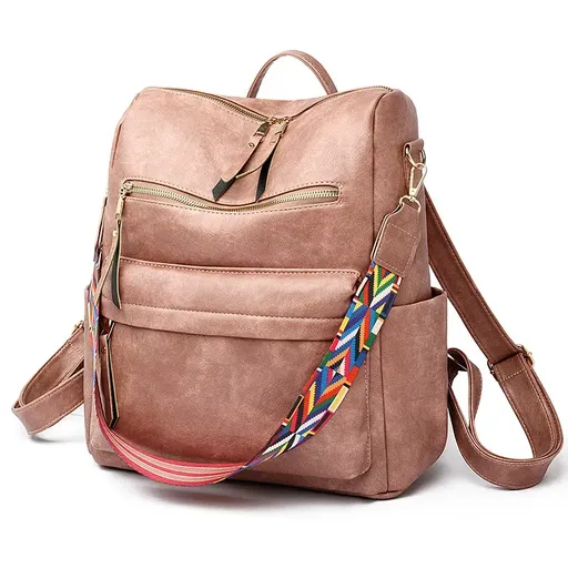 Vintage PU Anti-theft Backpack, Large Capacity Multi-pocket Casual Bag with Colorful Wide Shoulder Strap(pink)