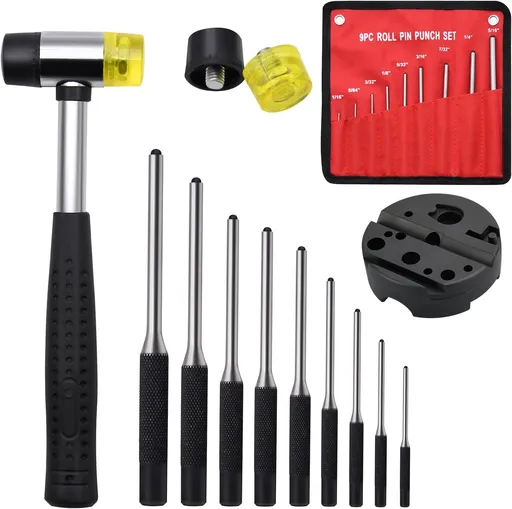 Pin Punch Set 14 Piece High Quality Hardened Steel with Universal Block and Double Sided Hammer Red Storage Pouch