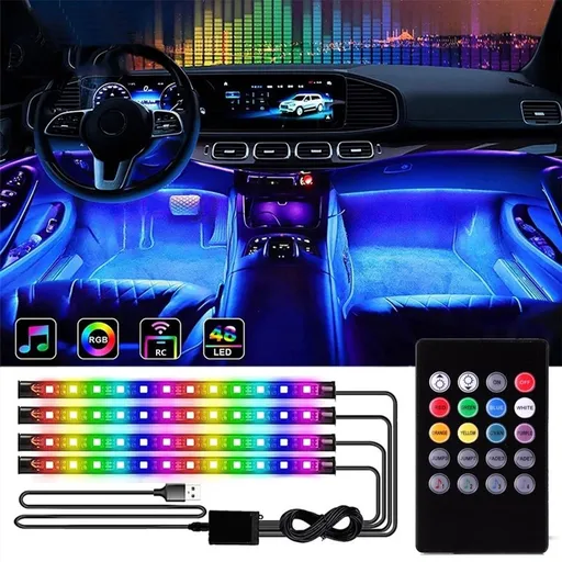Car Interior LED Strip Lights with Remote Control | 4-Piece Multicolor Under Dash Lighting Kit | Music Sync RGB LED Lights for Cars | USB-Powered Ambient Car Lighting for Front and Back Seats