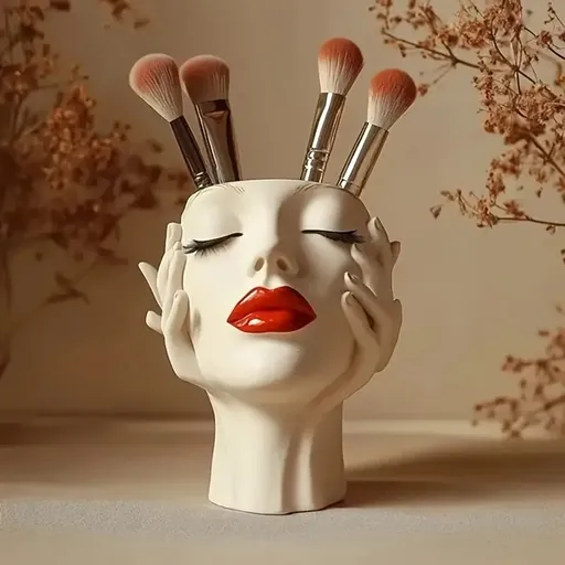 Gazing Muse — "Hands-on Beauty" Resin Brush Holder with Sculpted Bust Design.1 Piece Elegant Resin Makeup Brush Holder with Red Lips Design - Lightweight Synthetic Cosmetics Organizer Box, Standalone Desktop Storage Case for Bathroom or Dressing Tabl