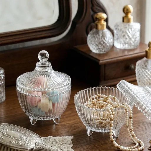 Clear Glass Candy Jar with Lid Diamond Cut Decorative Storage Container for Bathroom Vanity Kitchen Countertop